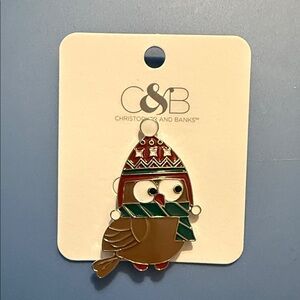 Christopher & Banks Festive Owl Pin with Red and Green Accents
